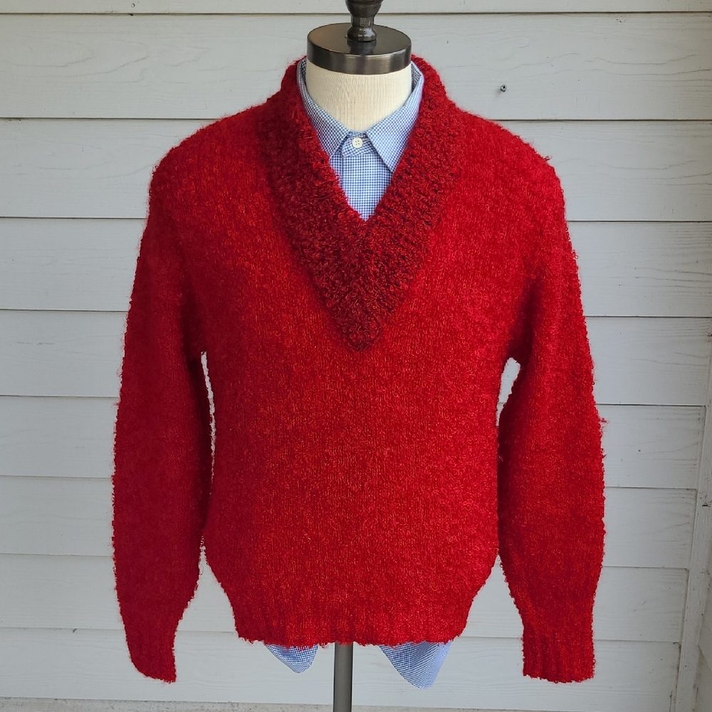 SEARS Premiere Collection Red‎ Wool Mohair Large Grunge V Neck Sweater VTG RARE